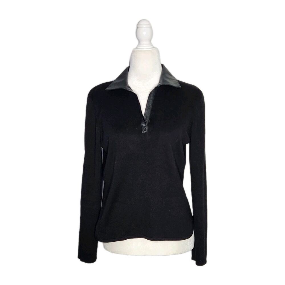 Geoffrey Beene Black Long Sleeve Knit Silk blend Sweater w/ Leather Collar Sz M